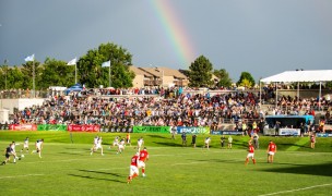 USA vs Canada at Infinity Park from 2019. With a rainbow in the distance. David Barpal photo.