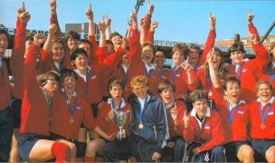 The 1991 World Cup winners. Chris Harju is standing to the left with her left arm raised.