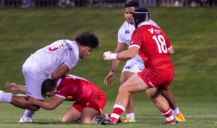 Joe Taufete'e thundering ahead against Canada. David Barpal photo.