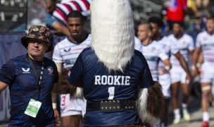 Mike Friday and Rookie the Eagle at the 2022 LA 7s. David Barpal photo.