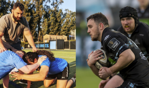 Alex Corbisiero, left, works with UCLA forwards, and Adam Ashe, right, in action for Scotland. Photos UCLA Rugby and INPHO