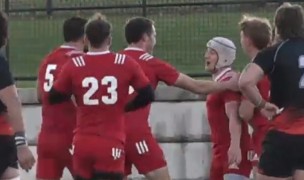 Arkansas State players congratulate Timothy Glatthaar after he scores. Photo from The Rugby Network coverage.