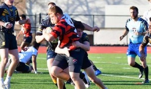 Berks prop Nate Keller battles through against Aspetuck. Photo Berks Rugby.