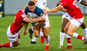 Bryce Campbell takes the rock up against Canada in 2019. David Barpal photo.