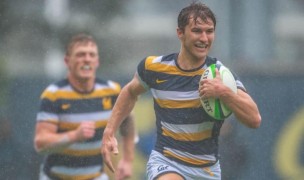 Why is this man smiling? Oliver Newall is off and running vs Arizona. Photo Cal Varsity Rugby.
