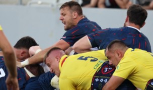 Cam Dolan urges on the maul against Romania. Calder Cahill USA Rugby photo.
