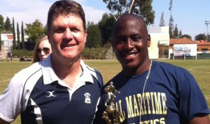 Steve Hiatt, left, presents Cal Maritime player Michael Mukuru with his confefence MVP award.