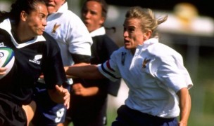 Diane Schnapp zeroes in on a tackle in the 1998 WRWC Final. Photo from BBC Archives.