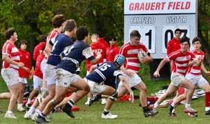 Fairfield Prep in red did well to run past Staples. Photo @coolrugbyphotos.