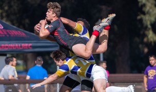 Joshua Jacobson goes up for the high ball for Fresno State. Photo Fresno State Rugby.