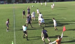 Gonzaga, in purple, goes up for a lineout throw against Georgetown Prep (in white).