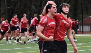 Greenwich players celebrate a try earlier this season.