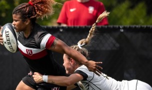 Lennox London speeds ahead for Harvard in their win over Lindenwood.