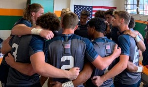 HS All Americans huddle up at the World School 7s. Lisa Law photo.