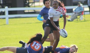 Shaianne McGruder sets up a try for flyhalf Deisdy Rodriguez, but also crossed the tryline four times herself. Alex Goff photo.