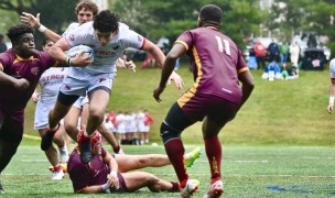 Iona defense swarms in against Fairfield. Photo @coolrugbyphotos.