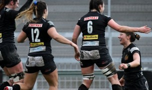 All smiles as Kate Zackary gets congratulated after scoring for Exeter. Photo Exeter Chiefs.