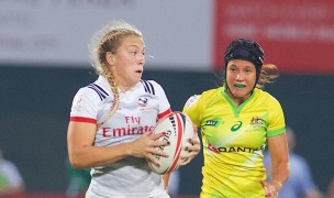 Kelsi Stockert on the break against Australia in Dubai in 2017. Ian Muir photo.