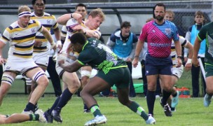 Oliver Kirk meets up with Leon Best during the 2025 D1A Final. Jeremy Hampton photo.