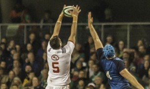 Nick Civetta goes up for a lineout throw against Ireland in 2018. Colleen McCloskey photo.