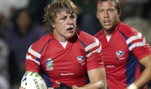 Battered face but determined, Lou Stanfill against South Africa in the 2007 Rugby World Cup. Ian Muir photo.