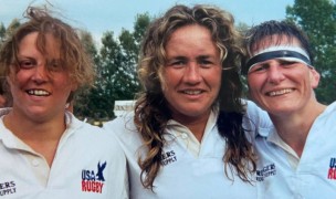 MA Sorensen, center, with Eagle front-rowers Tricia Turton and Liz Kirk.