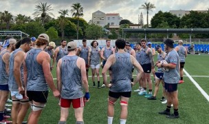 The Maccabi USA Rugby team huddles up during training.