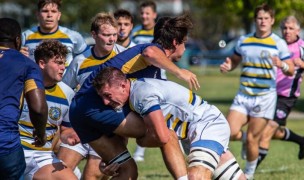 Marian's JD Farrell makes a big tackle. Photo Marian Rugby. 