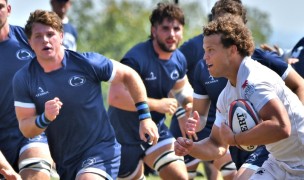 Mount St. Mary's center Evan Corbett is shadowed by Penn State hooker/loose forward Aidan King. David Hughes photo.