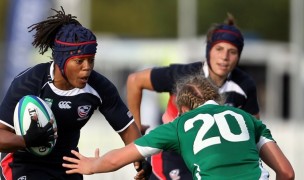 Phaidra Knight takes on a tackler against Ireland. Photo World Rugby