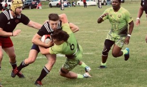 TJ van Rensburg gets some attention from the Life University defense. Photo ASU Rugby.