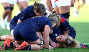 USA players celebrate Jennine Detiveaux's try against Japan. Photo Rugby World Cup.