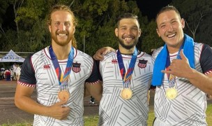 Will Crawford (Houston Sabercats), Alex Appel (Mystic River), and Joe Goldbloom (Denver Barbarians) display their bronze medals.