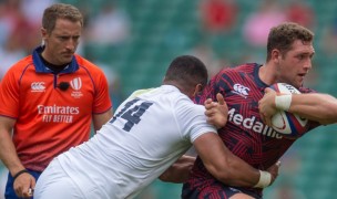 Andrew Brace keeps a close eye on Joe Cokanasiga's tackle of Bryce Campbell. Ian Muir photo.