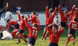 The USA women celebrate scrumhalf Patty Connell's try against England in the 1991 World Cup Final.