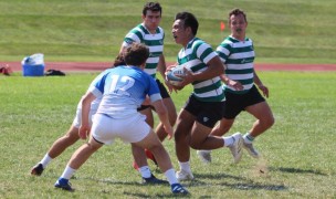 Washington University flyhalf Joe Kim goes into contact. Christine Krug photo.