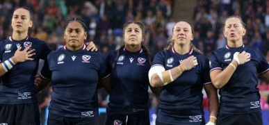 Hallie Taufoos, Keia Mae Sagapolu, Kathryn Treder, Hope Rogers, and Kate Zackary at anthem time vs Australia.