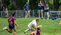 Cal coaches Mike McDonald, Jack Clark, and Tom Billups watch the 2019 D1A SF between Cal and Saint Mary's. David Barpal photo.