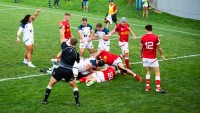 Ruben De Haas celebrates a USA try against Canada. David Barpal photo.