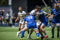 BYU in blue and Cal in white, blue, and gold in Saturday's D1A semifinal. David Barpal photo.