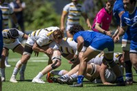 BYU in blue and Cal in white, blue, and gold in Saturday's D1A semifinal. David Barpal photo.