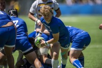 BYU in blue and Cal in white, blue, and gold in Saturday's D1A semifinal. David Barpal photo.