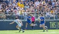 BYU in blue and Cal in white, blue, and gold in Saturday's D1A semifinal. David Barpal photo.