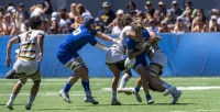 BYU in blue and Cal in white, blue, and gold in Saturday's D1A semifinal. David Barpal photo.