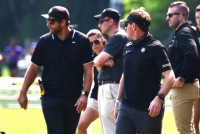 Army Head Coach Matt Sherman turns to discuss something with assistant Kyle Sumsion. Photo Adam Smith.