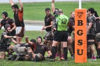 BGSU players celebrate a try. Photo Roger Mazzarella.
