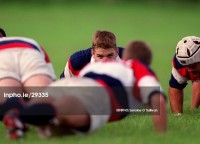 Dan Lyle glares at the camera during training during the 1999 Rugby World Cup. Photo INPHO/Lorraine O'Sullivan.