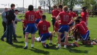 HSE at halftime huddle. Alex Goff photo.