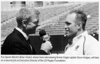 Dave Hodges is interviewed by Brian Vizard after Hodges' final game for the USA. Photo Rugby Magazine.