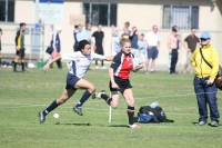 Jess Watkins on her way to making a tackle for the USA 7s team at the San Diego Invitational in 2008. Ed Hagerty photo.
